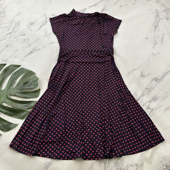 Retrolicious Womens Retro Dress Size XL Navy Blue Red Heart Polka Dot High Neck - Picture 1 of 12